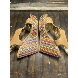 Cato Women's Sz 7 M Tan Thatch Style Open Toe Boho Style Wedge Heel Shoes